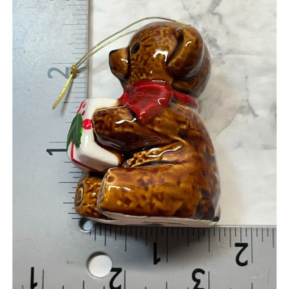 Vintage Teddy Bear Christmas Tree Ornament Ceramic Japan Holding Gift - Picture 3 of 7
